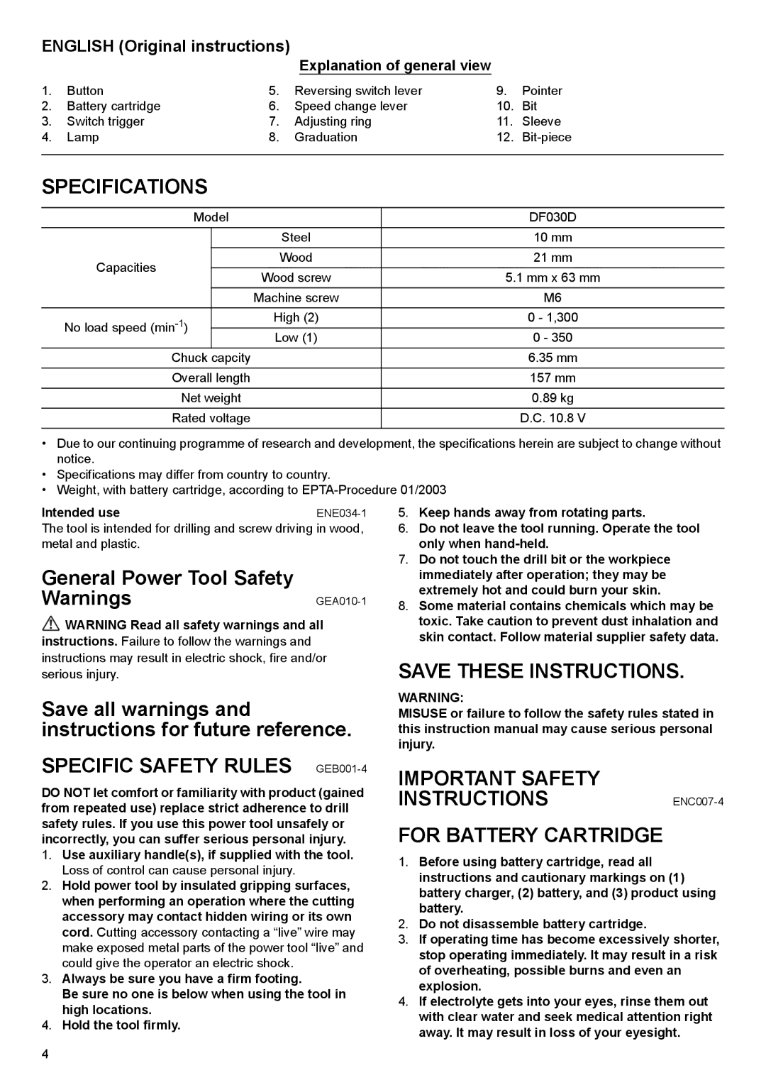 Makita DF030D Specifications, Specific Safety Rules GEB001-4, Important Safety INSTRUCTIONSENC007-4 For Battery Cartridge 