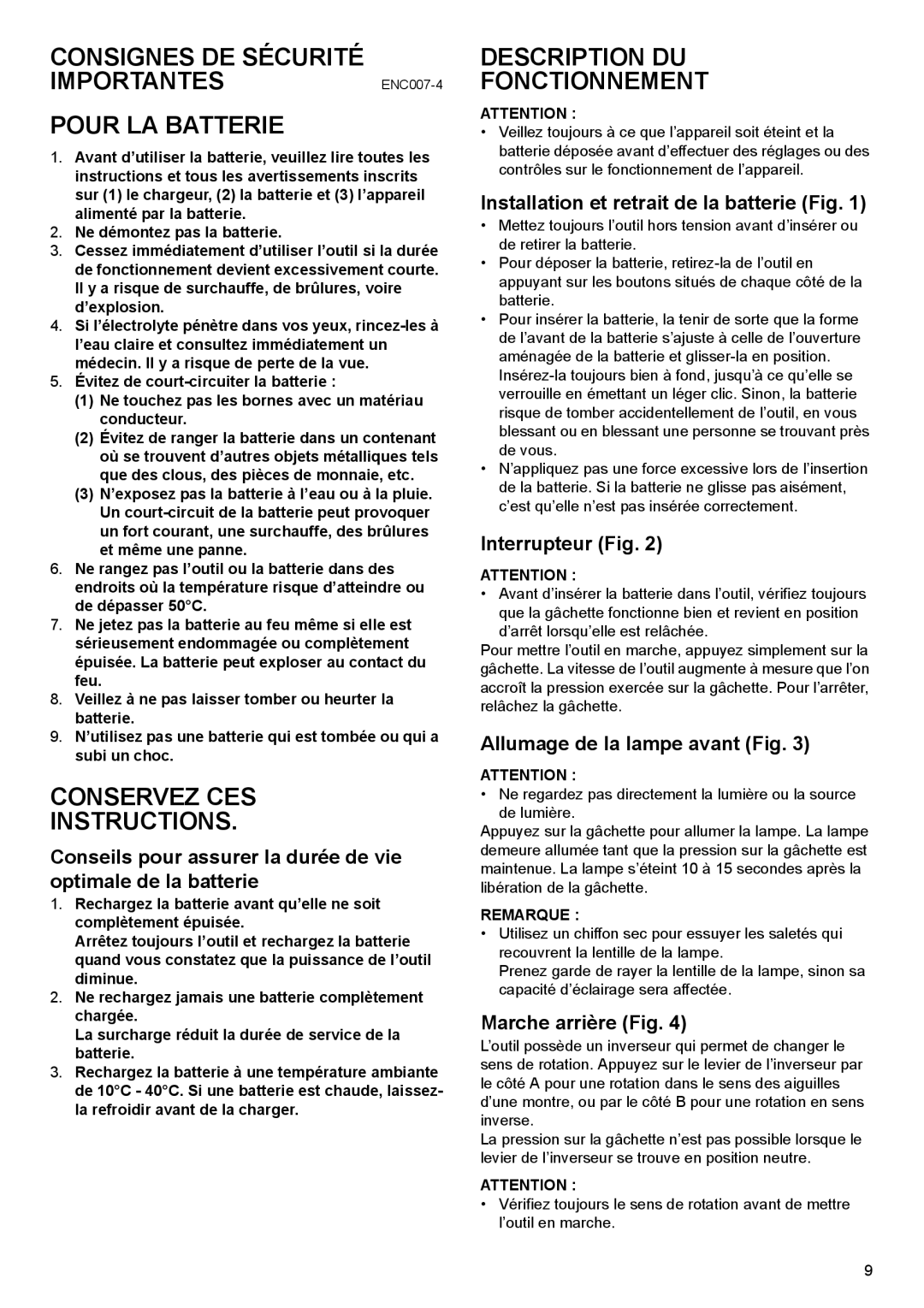 Makita DF030D instruction manual Consignes DE Sécurité IMPORTANTESENC007-4 Pour LA Batterie, Description DU Fonctionnement 