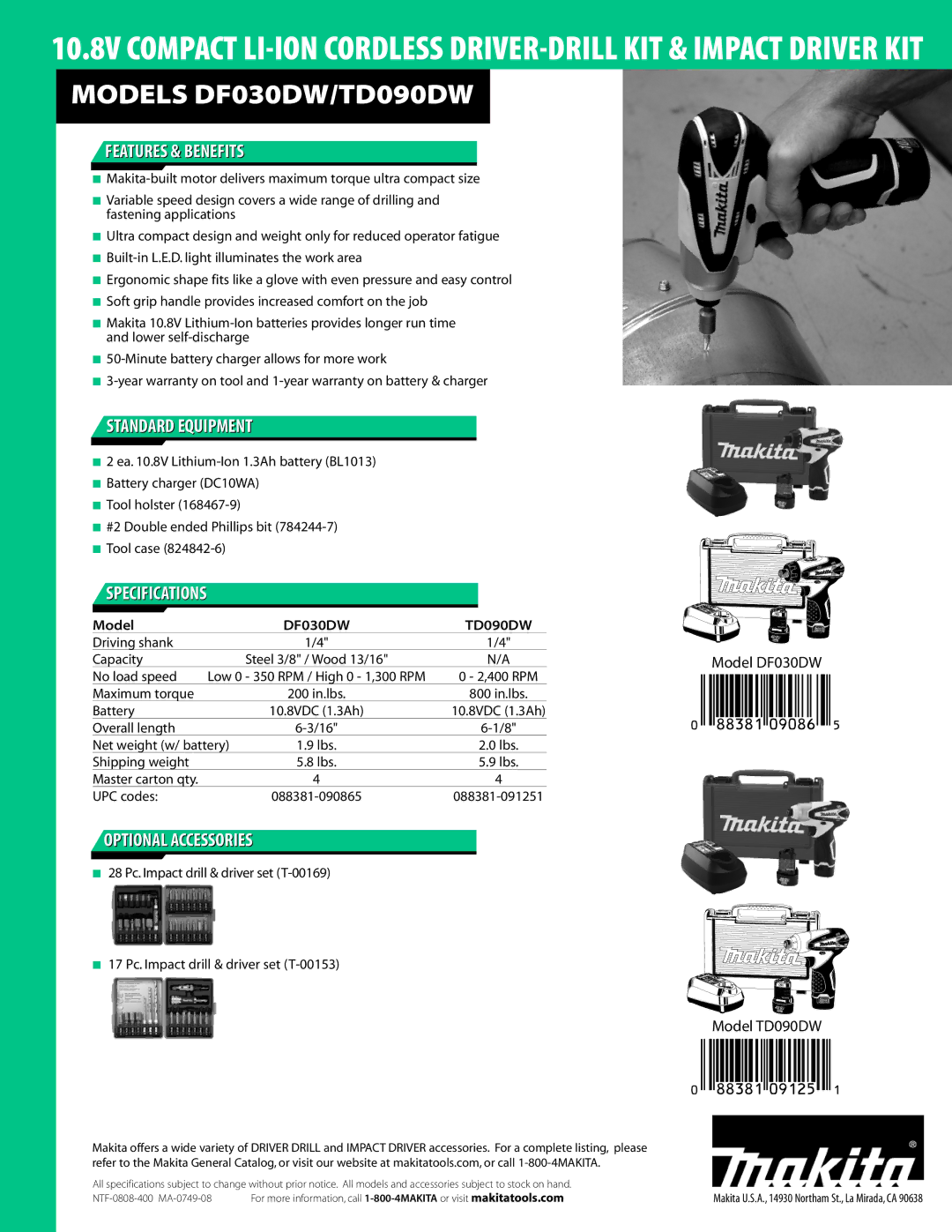 Makita DF030DW manual Features & Benefits, Standard Equipment, Specifications, Optional Accessories 