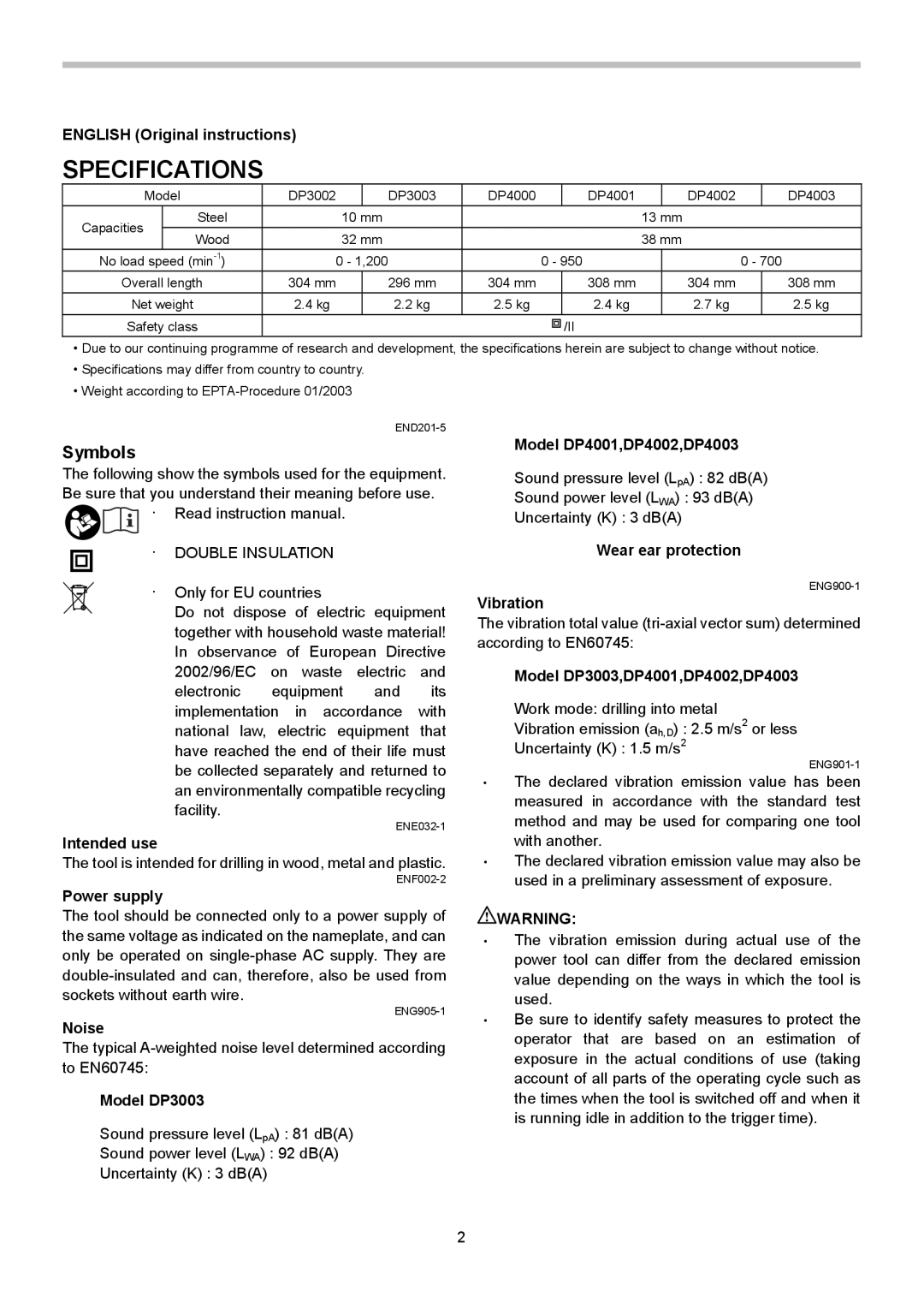 Makita DP4003, DP4002, DP3003, DP4001, DP4000, DP3002, 3006 instruction manual Specifications, Symbols 