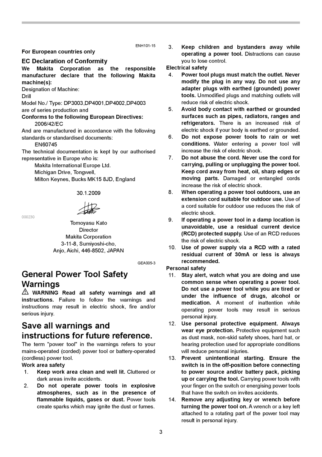 Makita DP4001, DP4002, DP3003, DP4003, DP4000, DP3002, 3006 EC Declaration of Conformity, For European countries only 