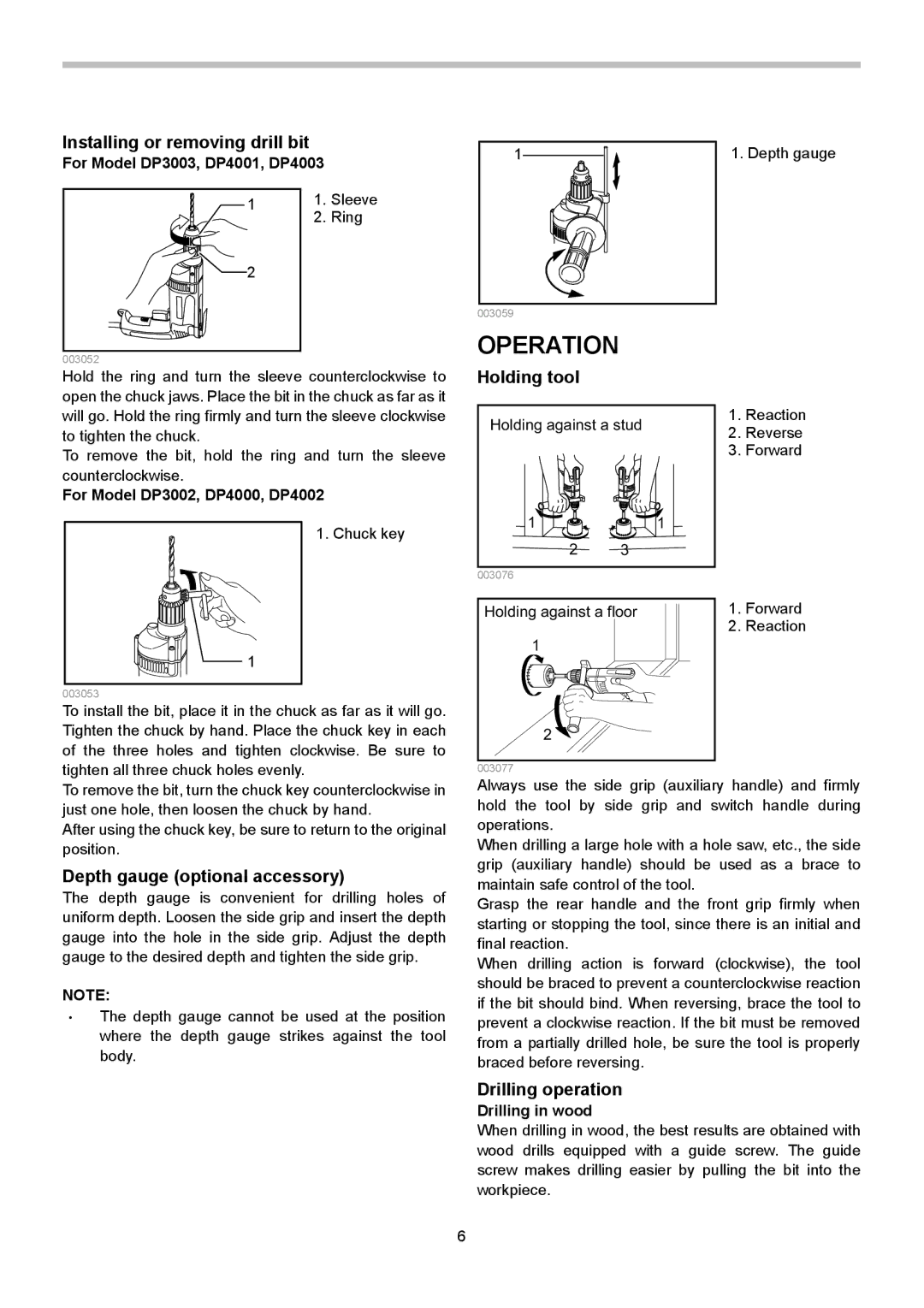 Makita 3006 Operation, Installing or removing drill bit, Holding tool, Depth gauge optional accessory, Drilling operation 