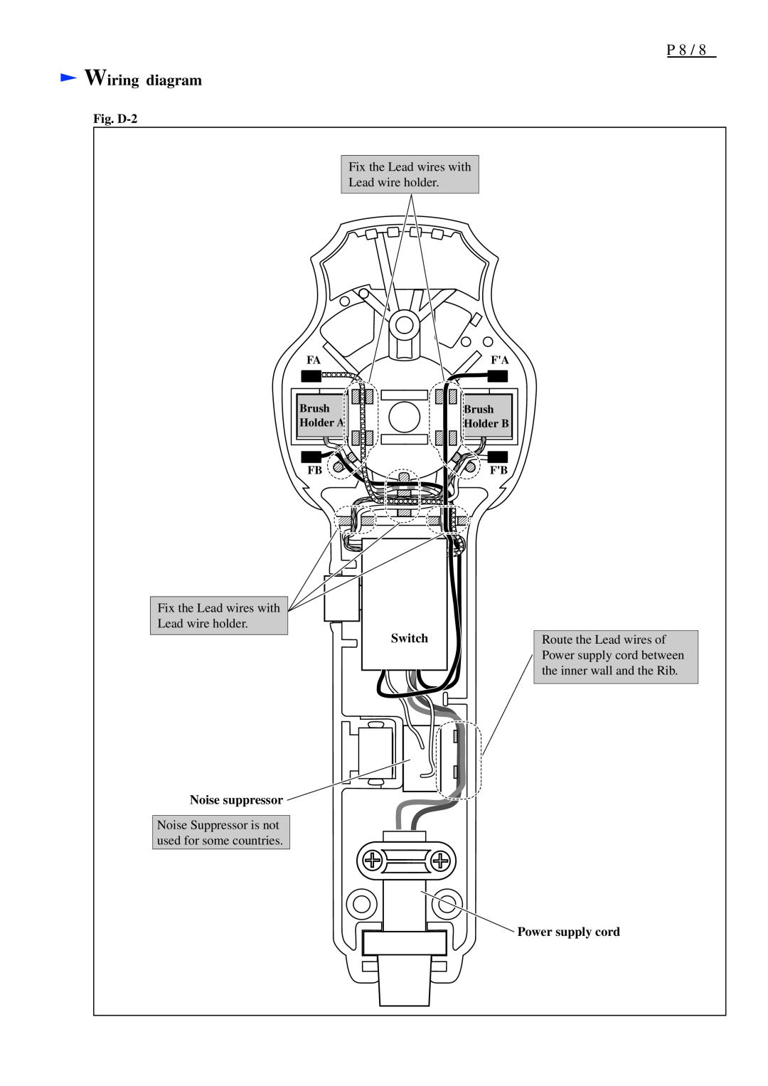 Makita DP4011, DP4010 Wiring diagram, Fig. D-2, Switch, Noise suppressor, Power supply cord, FA Brush Holder A FB 