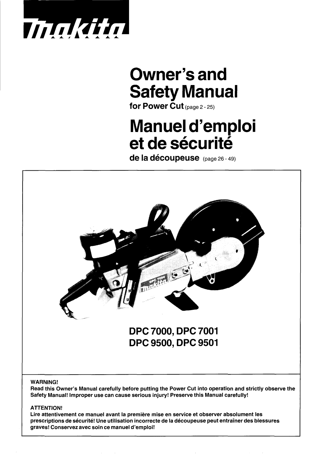 Makita DPC 9501, DPC 7000, DPC 9500, DPC 7001 owner manual Owner’s Safety Manual 