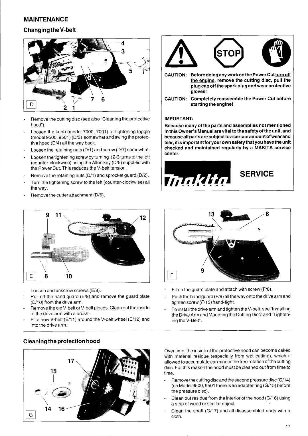 Makita DPC 9501, DPC 7000, DPC 9500, DPC 7001 owner manual ChangingtheV-belt, Cleaningthe protection hood 