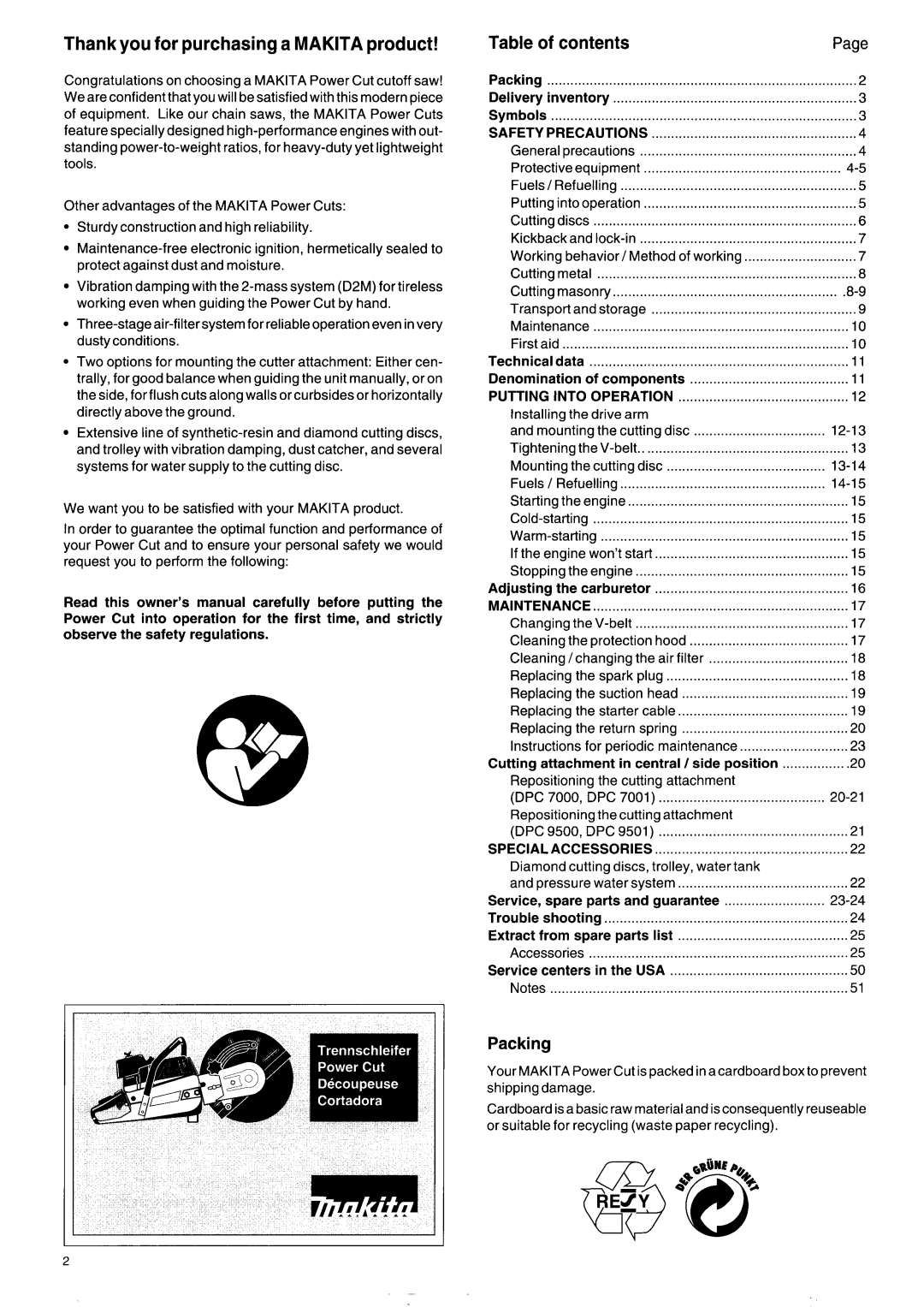 Makita DPC 9500, DPC 7000, DPC 9501, DPC 7001 Thank you for purchasinga Makita product, Table of contents, Packing 