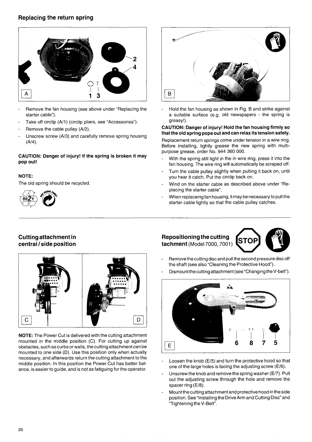 Makita DPC 7000, DPC 9501, DPC 9500, DPC 7001 Replacing the return spring, Cuttingattachment in central /side position 