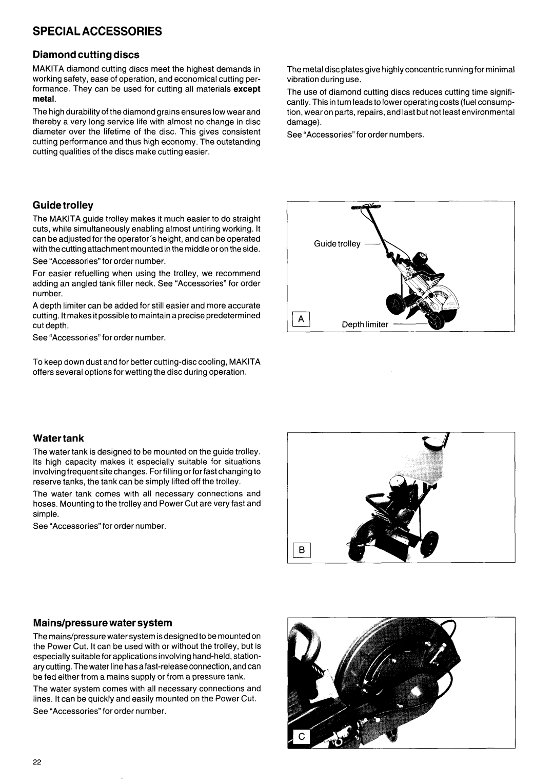 Makita DPC 9500, DPC 7000, DPC 9501, DPC 7001 Diamondcuttingdiscs, Guidetrolley, Water tank, Maindpressurewater system 