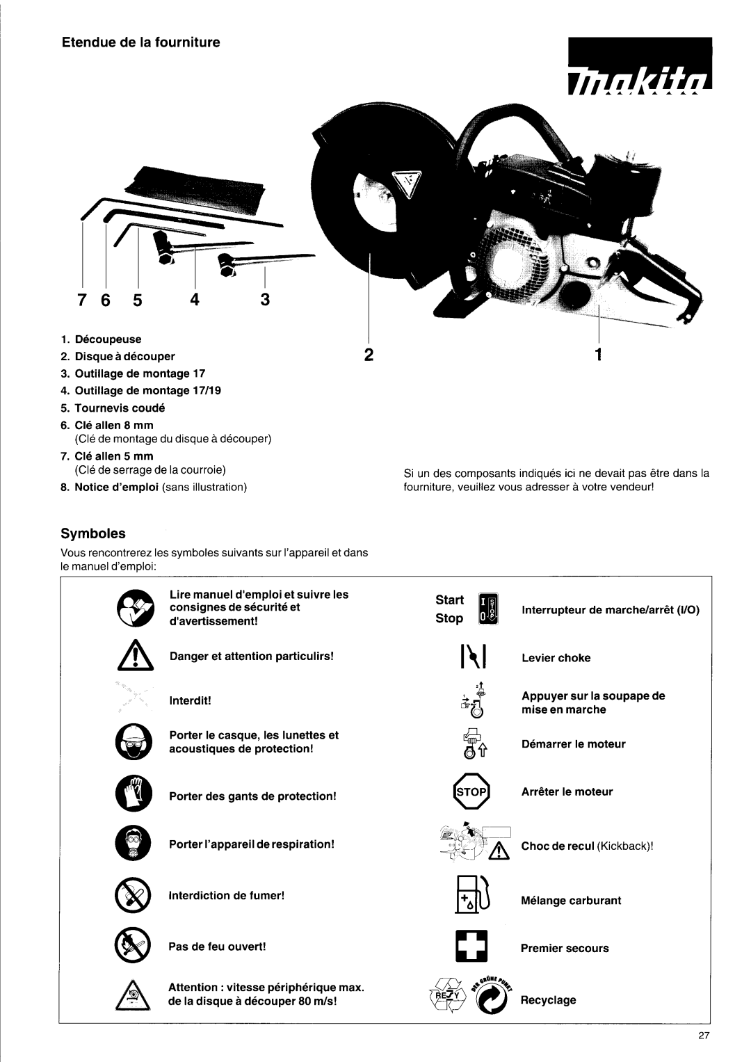 Makita DPC 7001, DPC 7000, DPC 9501, DPC 9500 owner manual 5 4, Symboles 