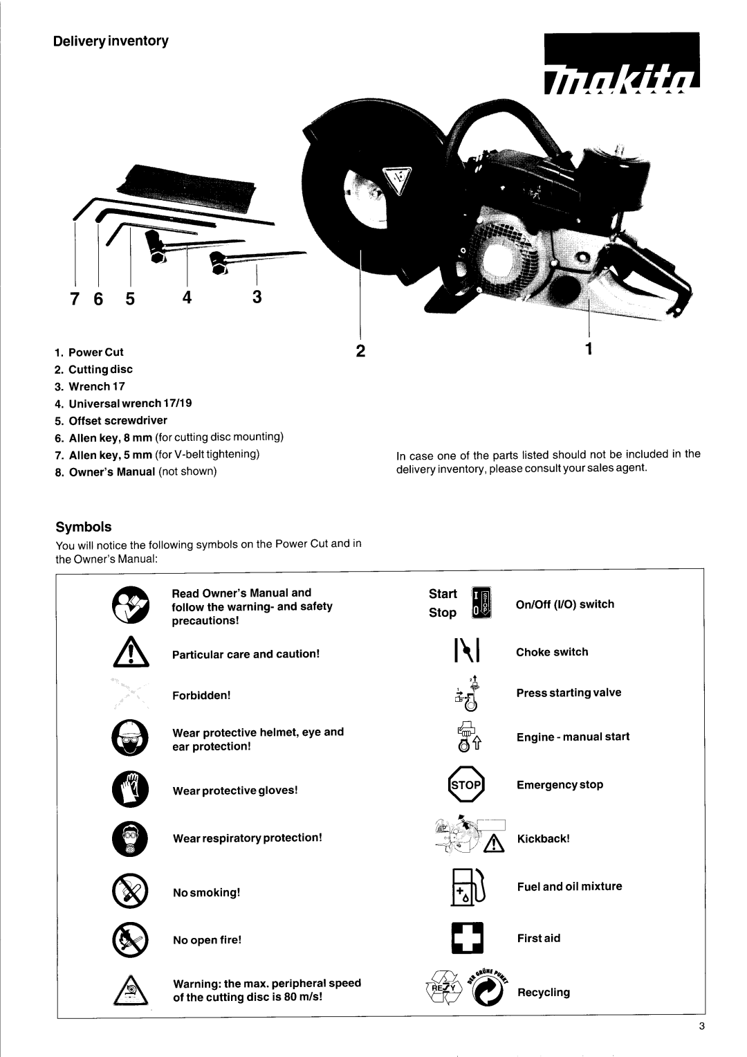 Makita DPC 7001, DPC 7000, DPC 9501 Delivery inventory, Symbok, On/Off VO switch, Choke switch, Press starting valve 