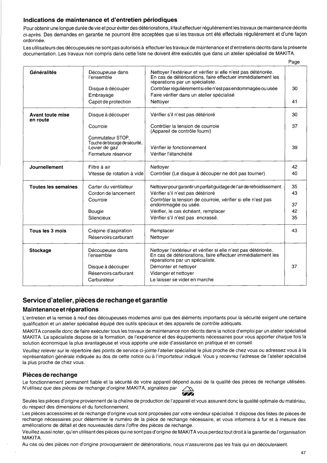 Makita DPC 7001 Indications de maintenance et d’entretien periodiques, Maintenanceet reparations, Piecesde rechange 