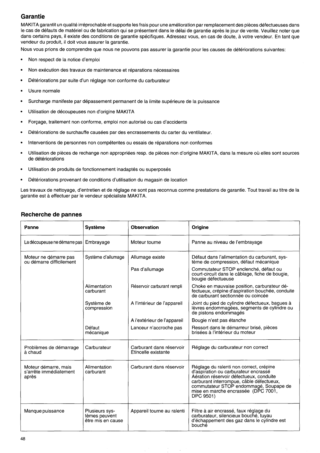 Makita DPC 7000, DPC 9501, DPC 9500, DPC 7001 owner manual Garantie, Recherche de pannes, Panne, Observation Origine 