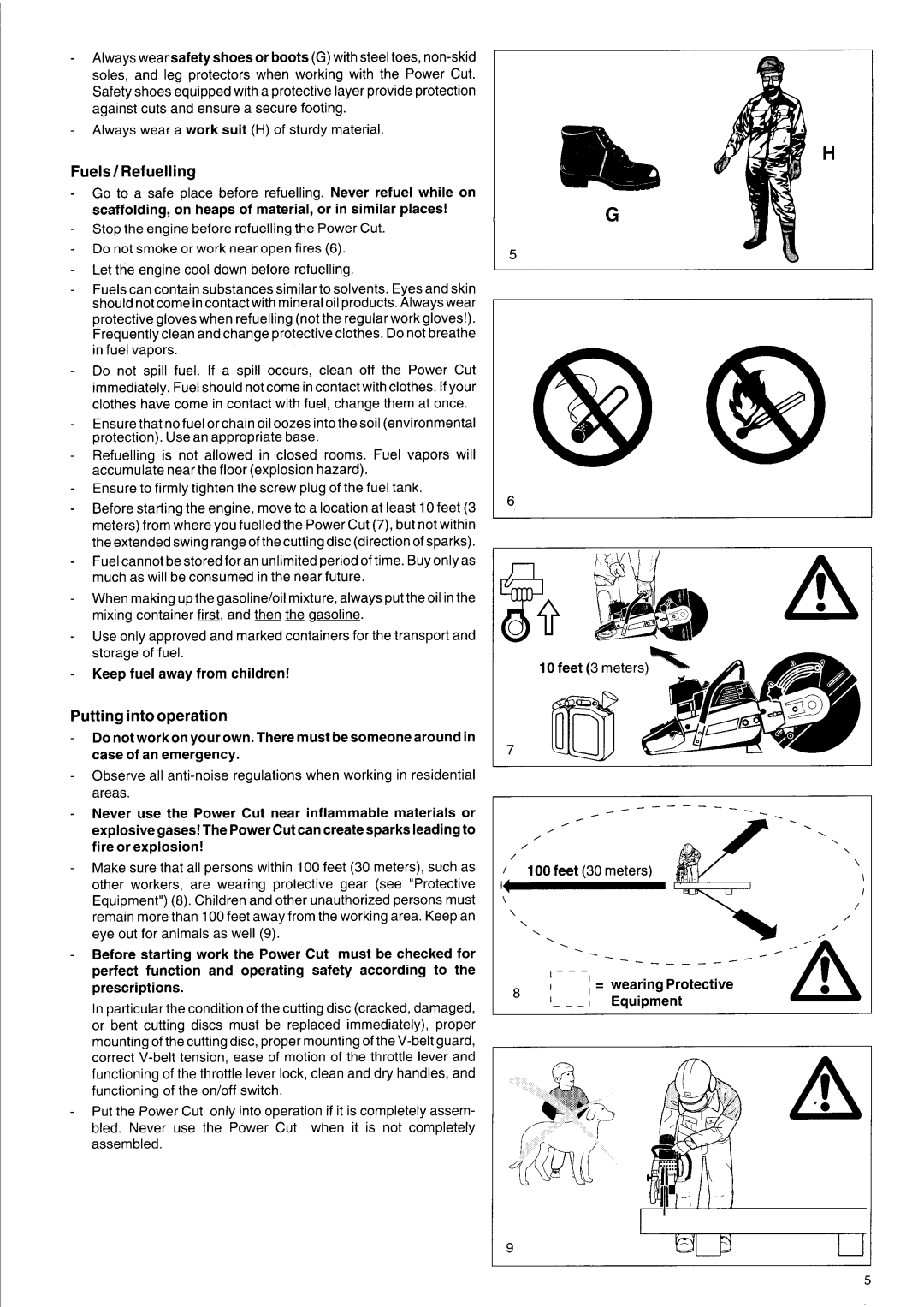 Makita DPC 9501, DPC 7000 Fuels/ Refuelling, Fuel vapors, Feet 3 meters, LOOfeet 30 meters, = wearingprotective Equipment 