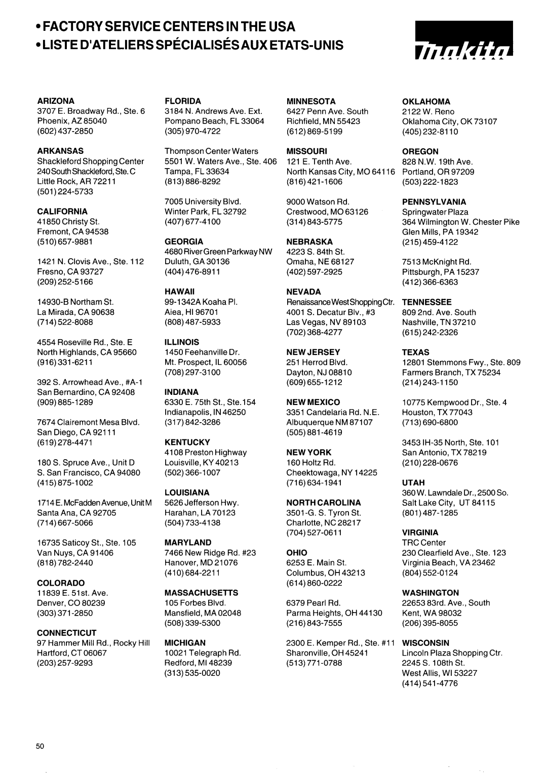 Makita DPC 9500, DPC 7000, DPC 9501, DPC 7001 owner manual PENNSYLVANlA 