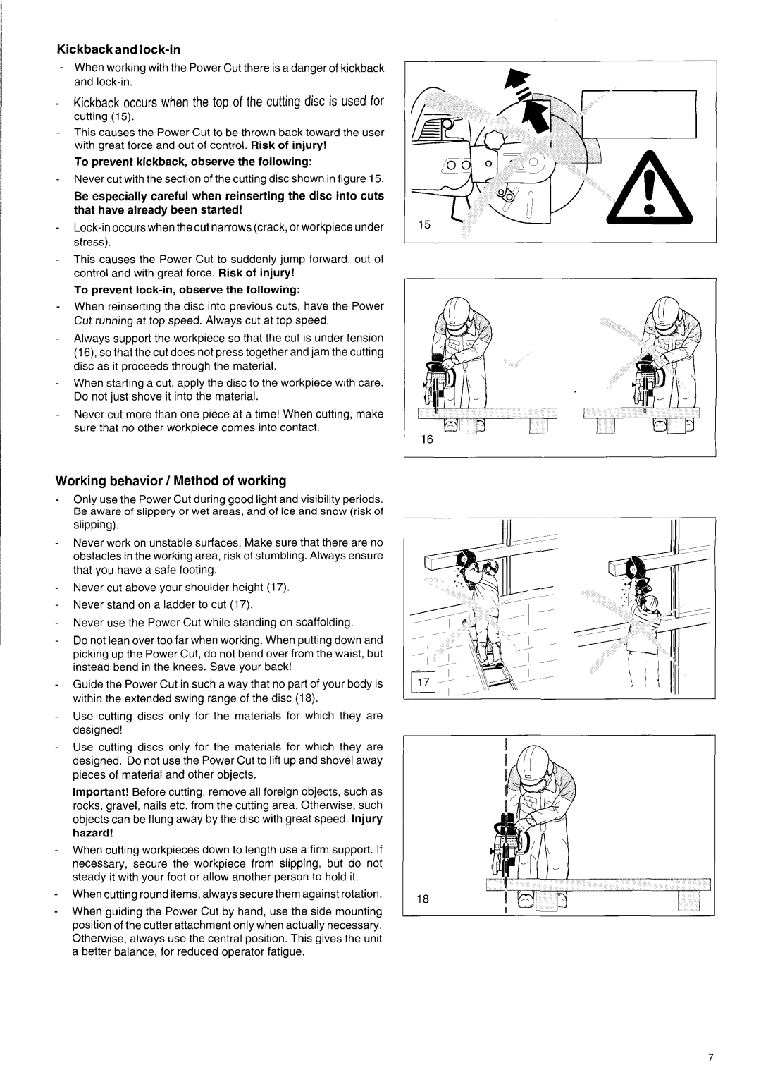 Makita DPC 7001 Kickbackand lock-in, To prevent kickback, observe the following, To prevent lock-in, observe the following 