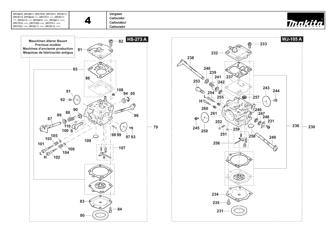 Makita DPC8111 (UK), DPC7311 (UK), DPC6410 (UK) manual HS-273 a WJ-105 a, Vergaser Carburetor Carburateur Carburador 