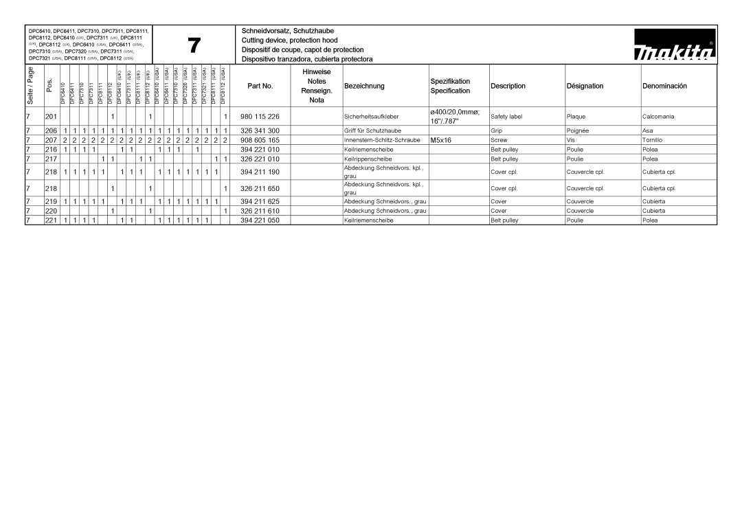 Makita DPC6410 (UK) 201 980 115, Ø400/20,0mmø, 16/.787, 206 326 341, 207 908 605, 216 394 221, 217 326 221, 218 394 211 