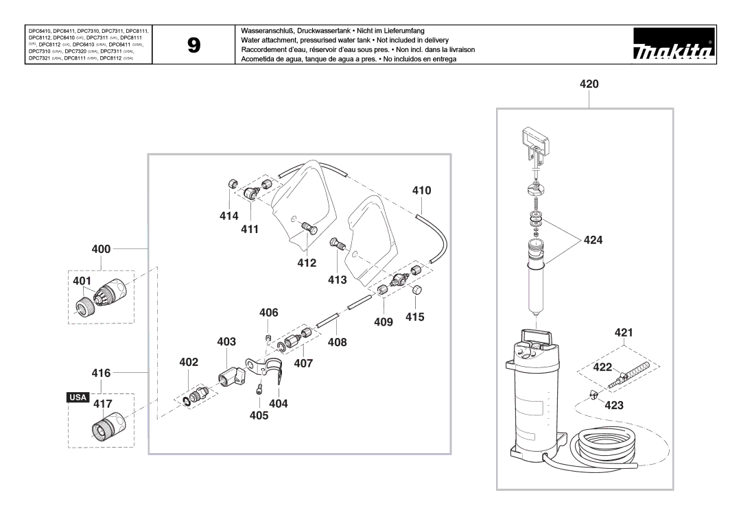 Makita DPC6410 (UK), DPC7311 (UK), DPC8111 (UK) manual Wasseranschluß, Druckwassertank Nicht im Lieferumfang 