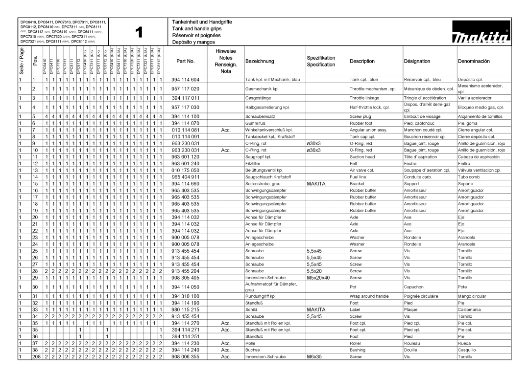 Makita DPC7311 (UK), DPC8111 (UK) Tank and handle grips, Réservoir et poignées, Depósito y mangos, Specification, Makita 