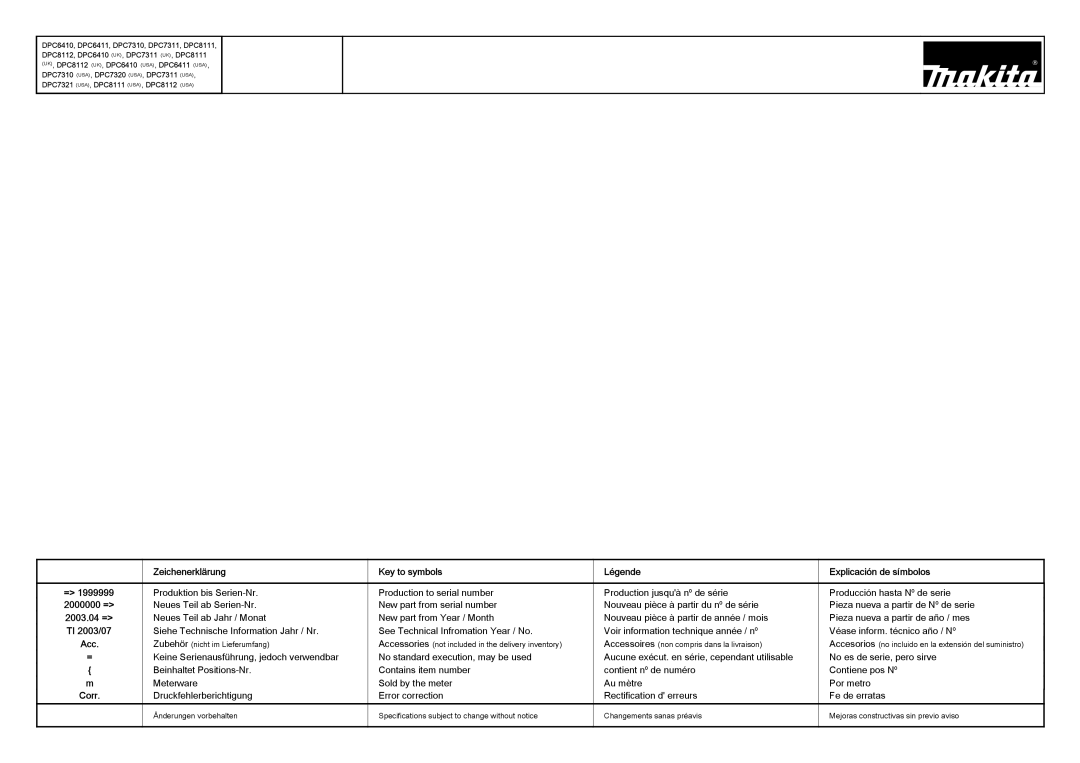 Makita DPC8111 (UK), DPC7311 (UK), DPC6410 (UK) manual Zeichenerklärung Key to symbols Légende 