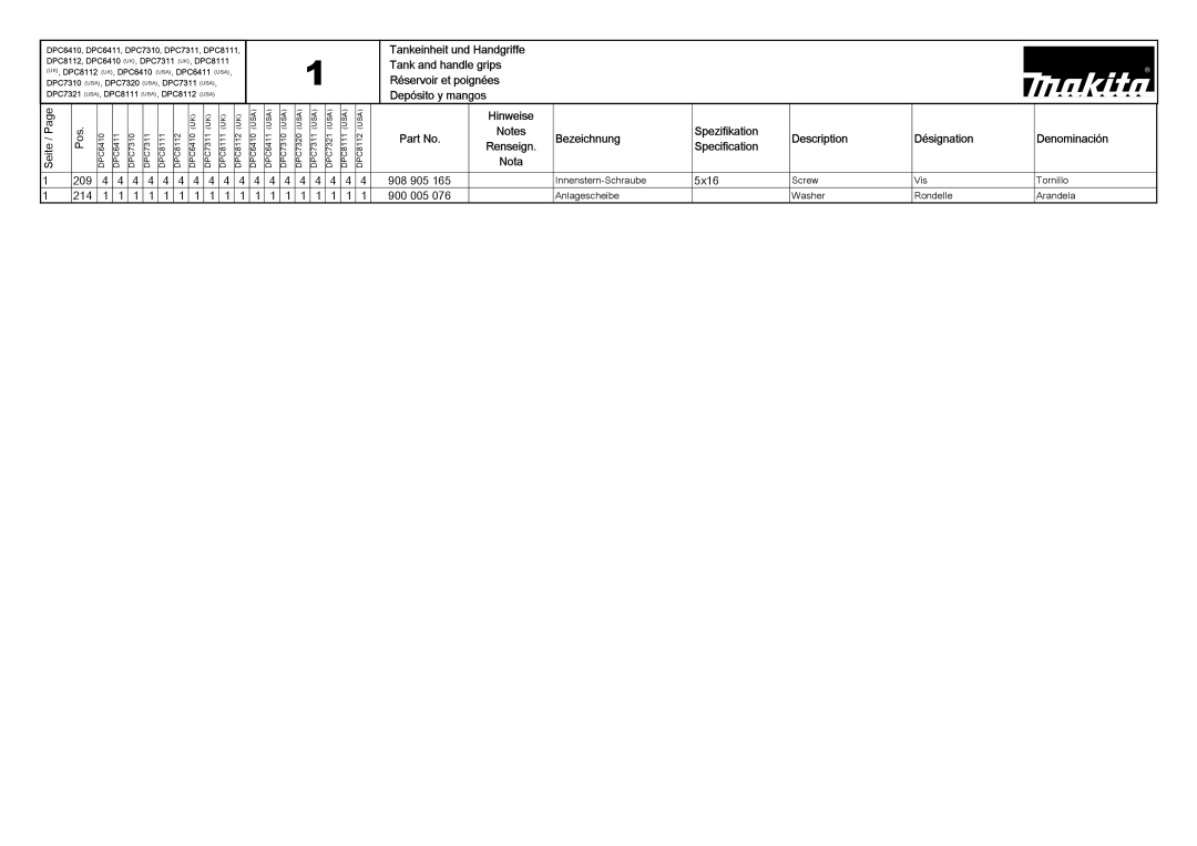 Makita DPC6410 (UK), DPC7311 (UK), DPC8111 (UK) manual 209 908 905, 5x16, 214 900 005 