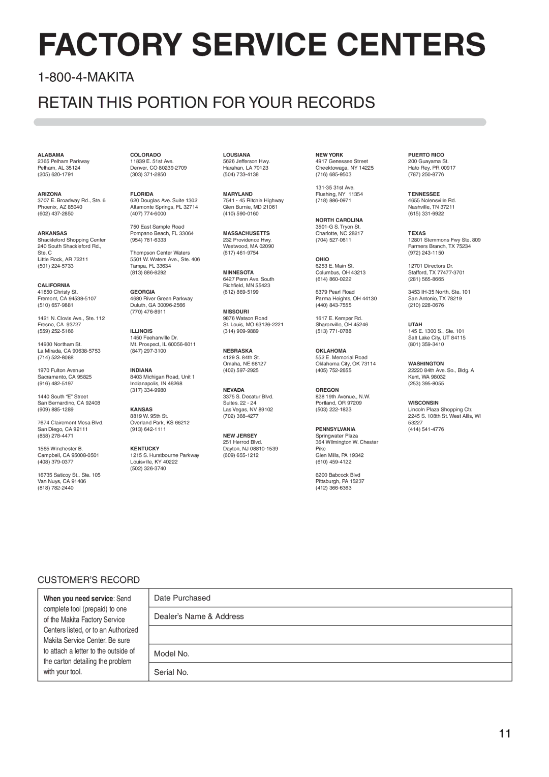 Makita DS4000 instruction manual Factory Service Centers 