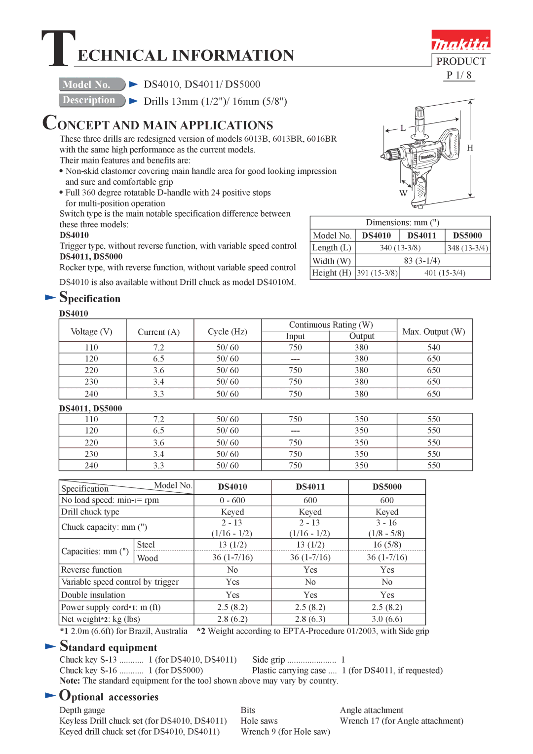 Makita DS5000, DS4011, DS4010 dimensions Specification, Standard equipment, Optional accessories 