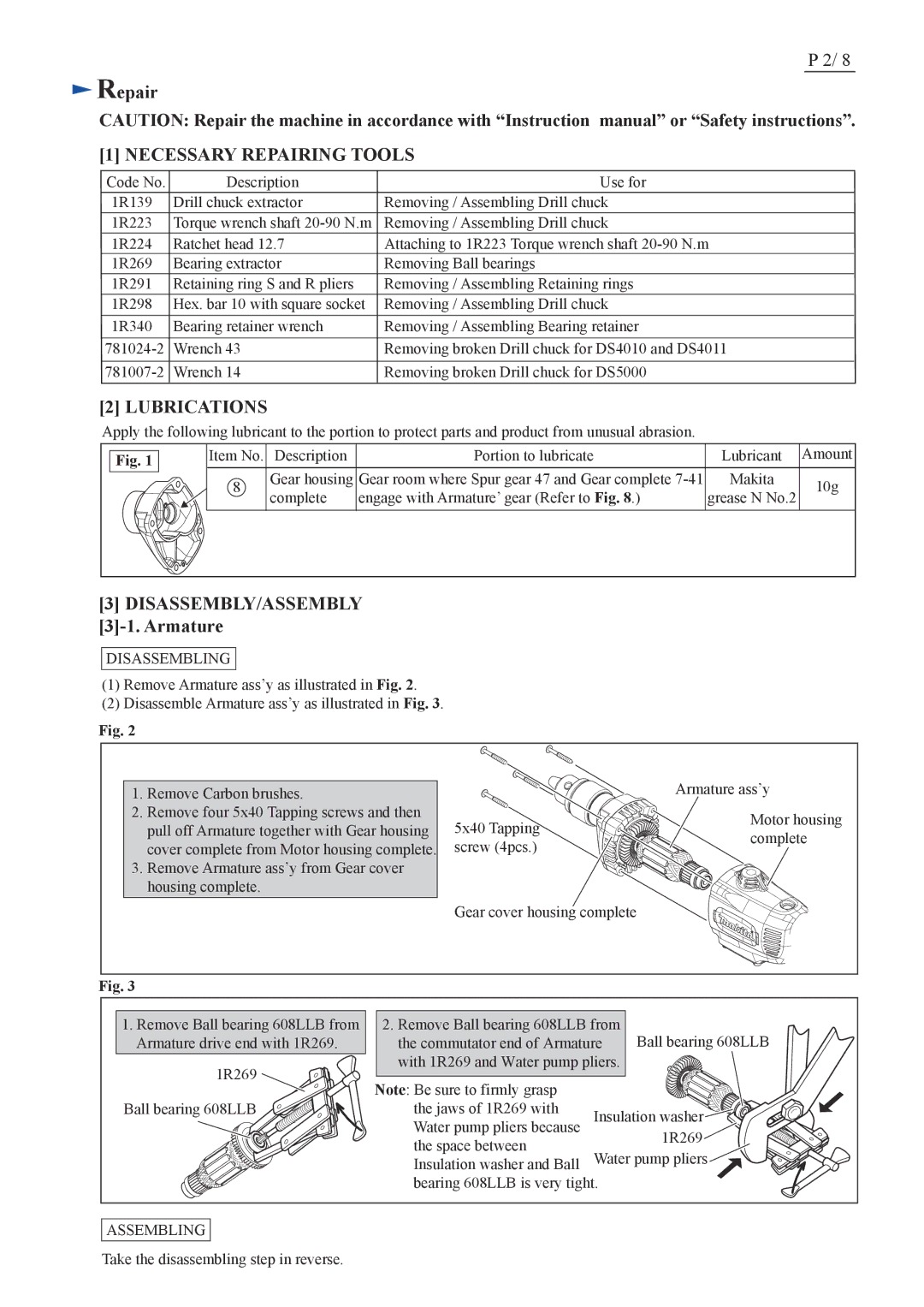 Makita DS4010, DS4011, DS5000 dimensions Repair, Armature 