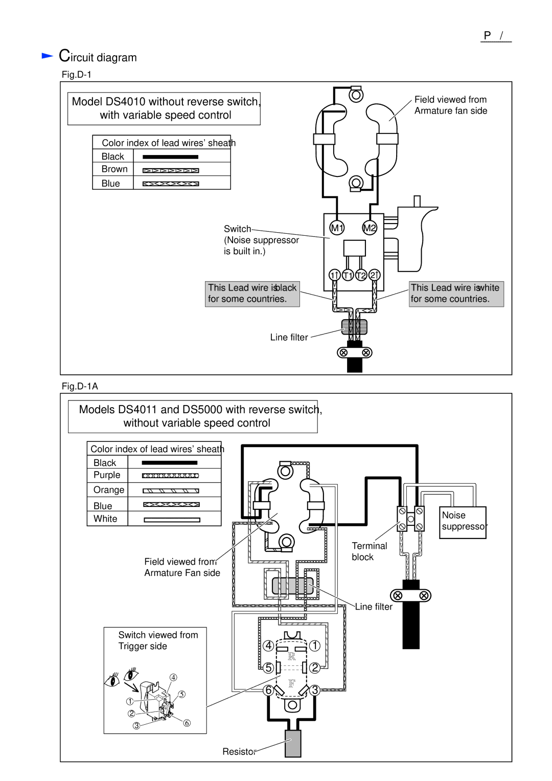 Makita DS4011, DS5000, DS4010 dimensions Circuit diagram, Fig.D-1 