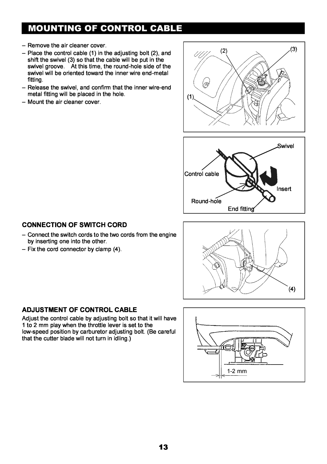 Makita EBH340U instruction manual Mounting Of Control Cable, Connection Of Switch Cord, Adjustment Of Control Cable 