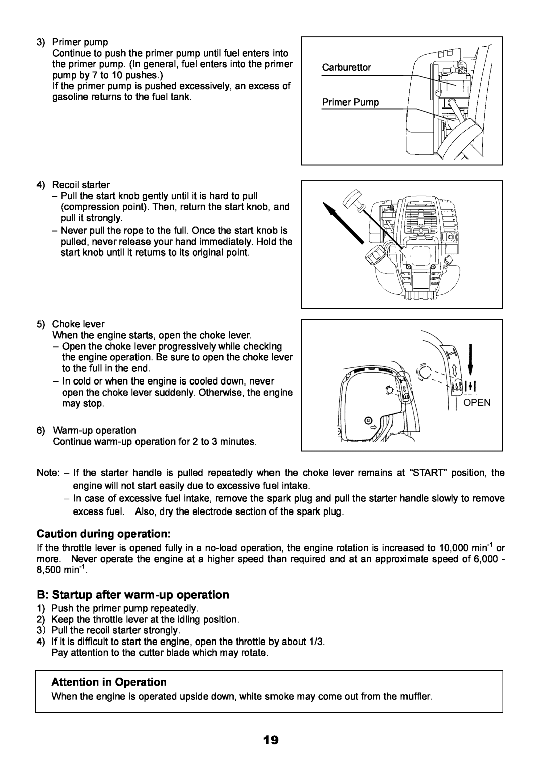 Makita EBH340U instruction manual B Startup after warm-up operation, Caution during operation, Attention in Operation 