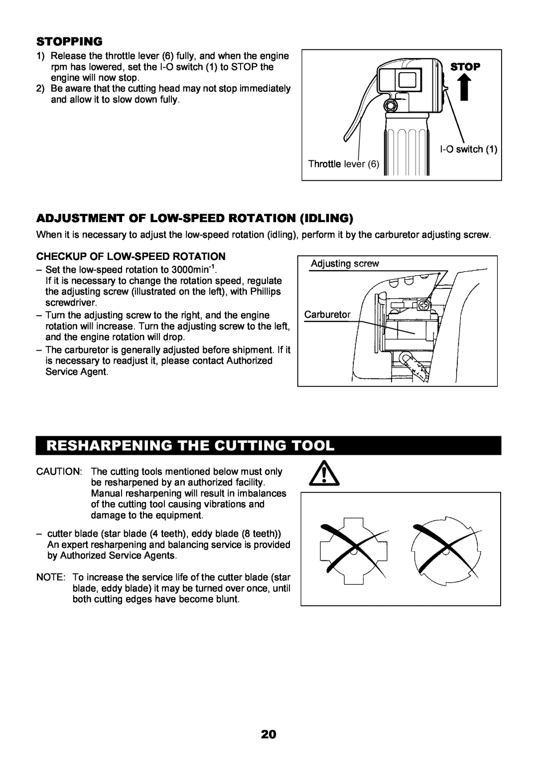 Makita EBH340U instruction manual Resharpening The Cutting Tool, Stopping, Adjustment Of Low-Speed Rotation Idling 