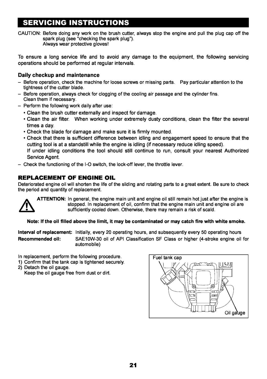 Makita EBH340U instruction manual Servicing Instructions, Replacement Of Engine Oil 
