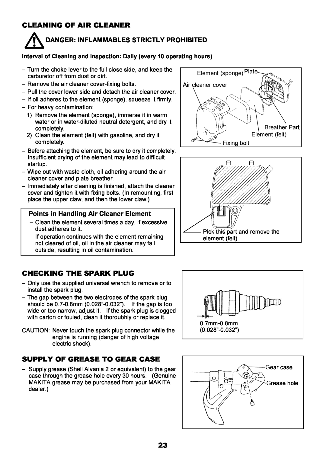 Makita EBH340U instruction manual Cleaning Of Air Cleaner, Checking The Spark Plug, Supply Of Grease To Gear Case 