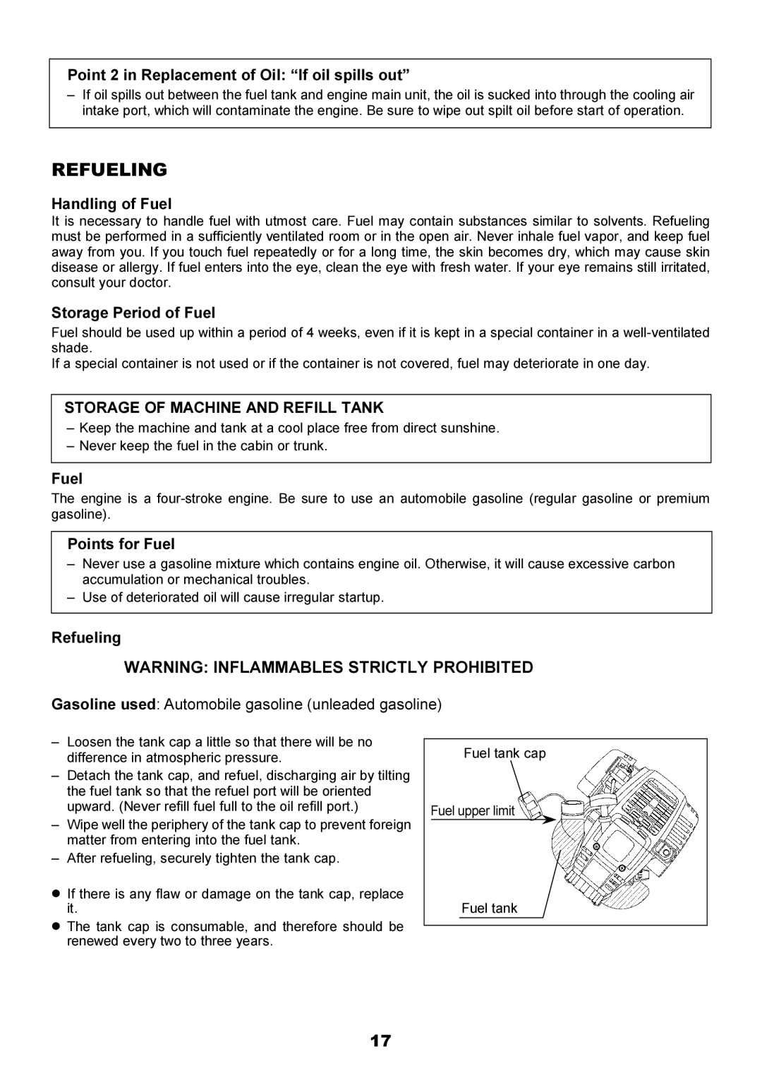 Makita EBH340U Point 2 in Replacement of Oil If oil spills out, Handling of Fuel, Storage Period of Fuel, Points for Fuel 