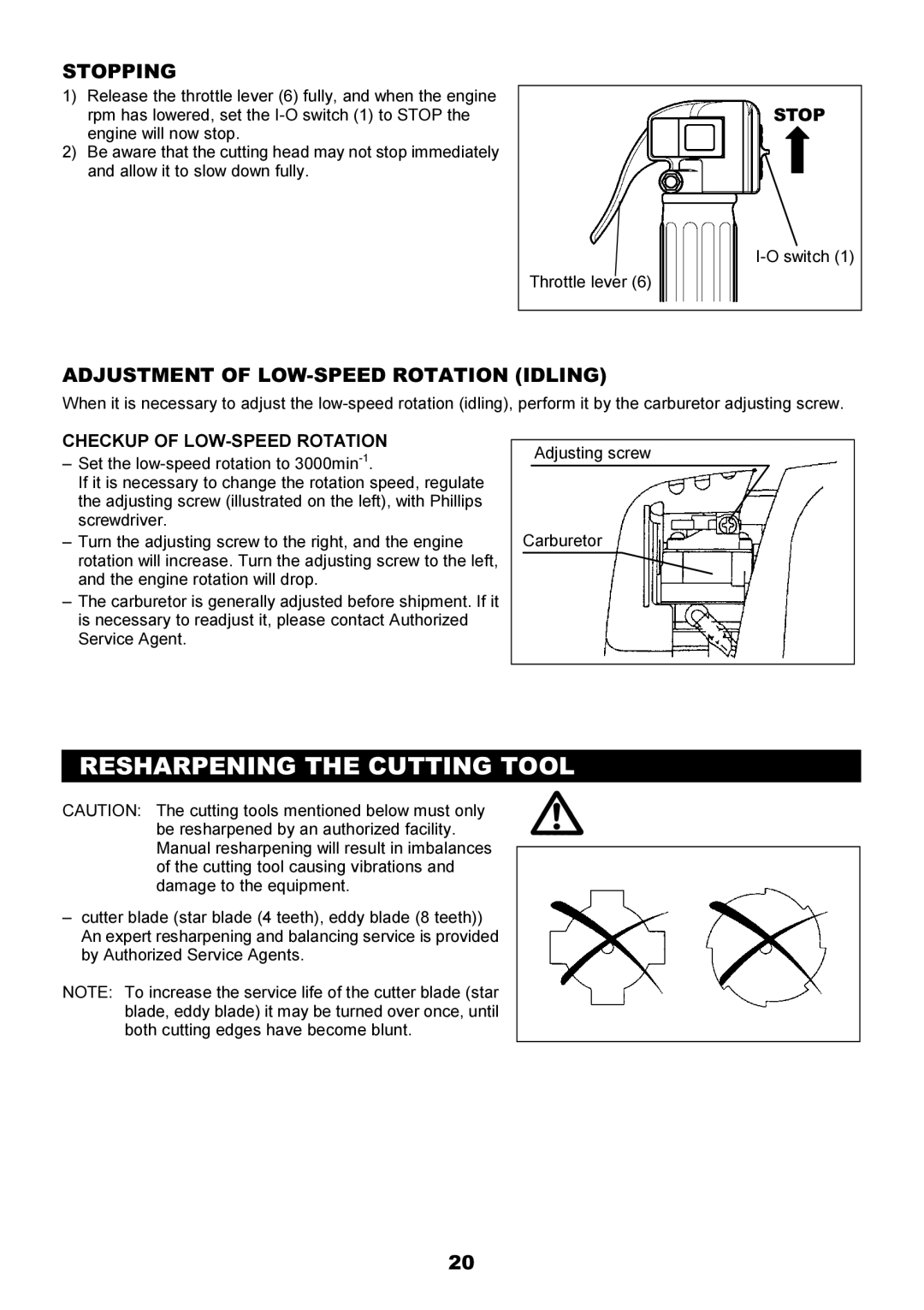 Makita EBH340U instruction manual Resharpening the Cutting Tool, Stopping, Adjustment of LOW-SPEED Rotation Idling 