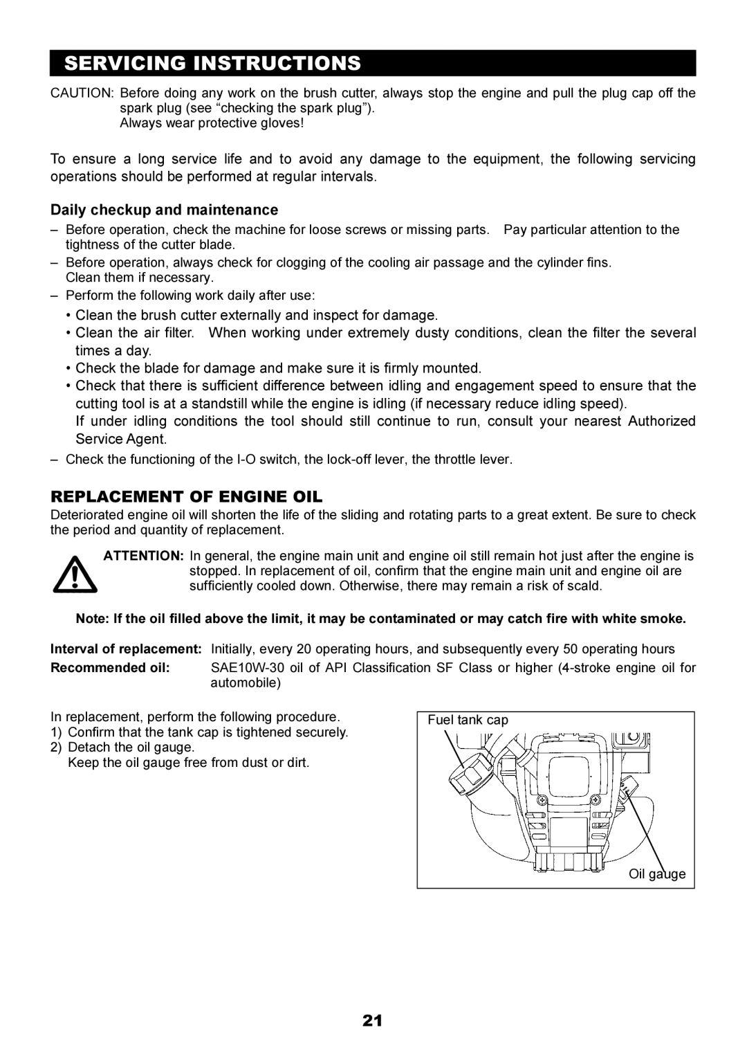 Makita EBH340U instruction manual Servicing Instructions, Replacement of Engine OIL 