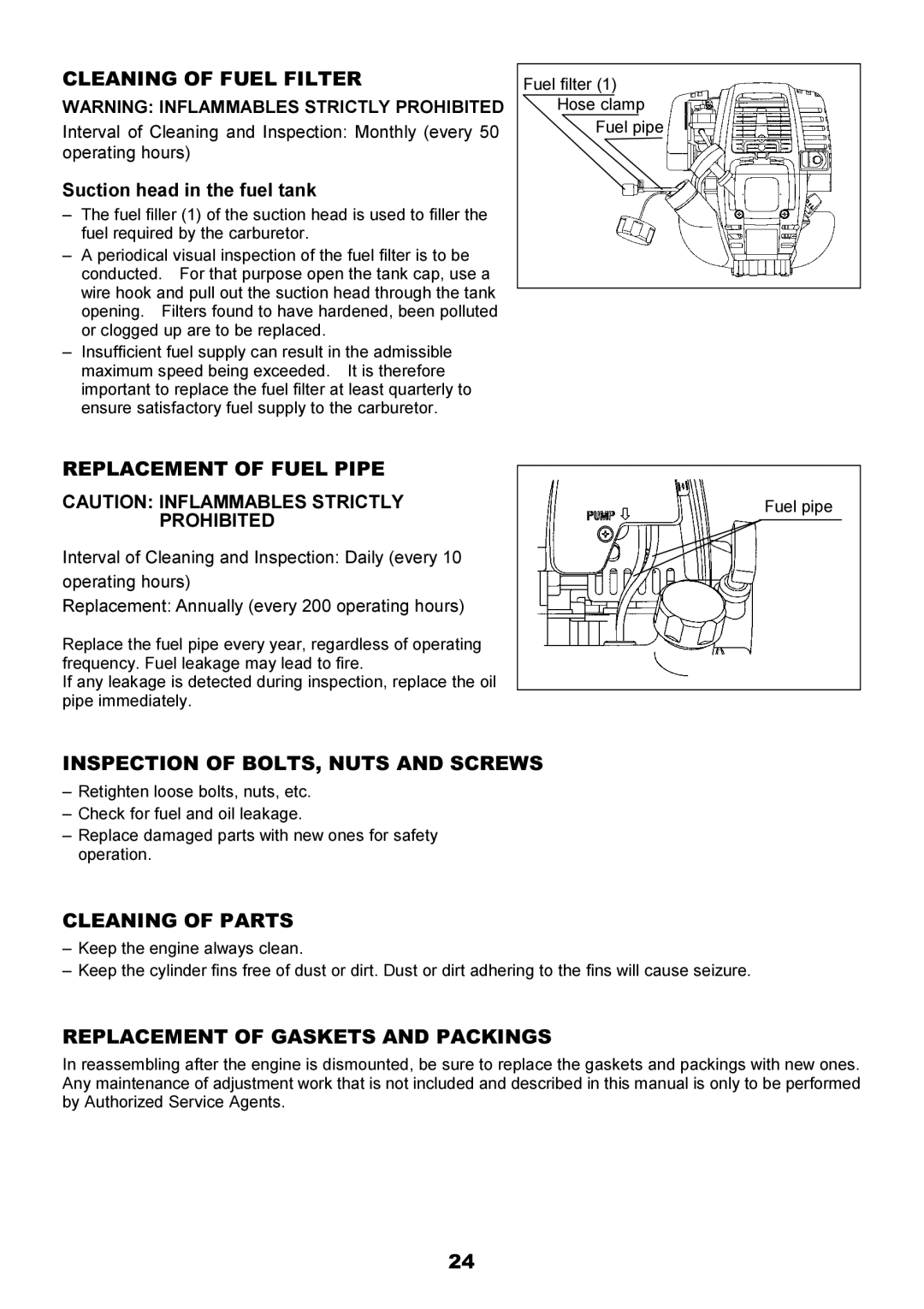 Makita EBH340U Cleaning of Fuel Filter, Replacement of Fuel Pipe, Inspection of BOLTS, Nuts and Screws, Cleaning of Parts 