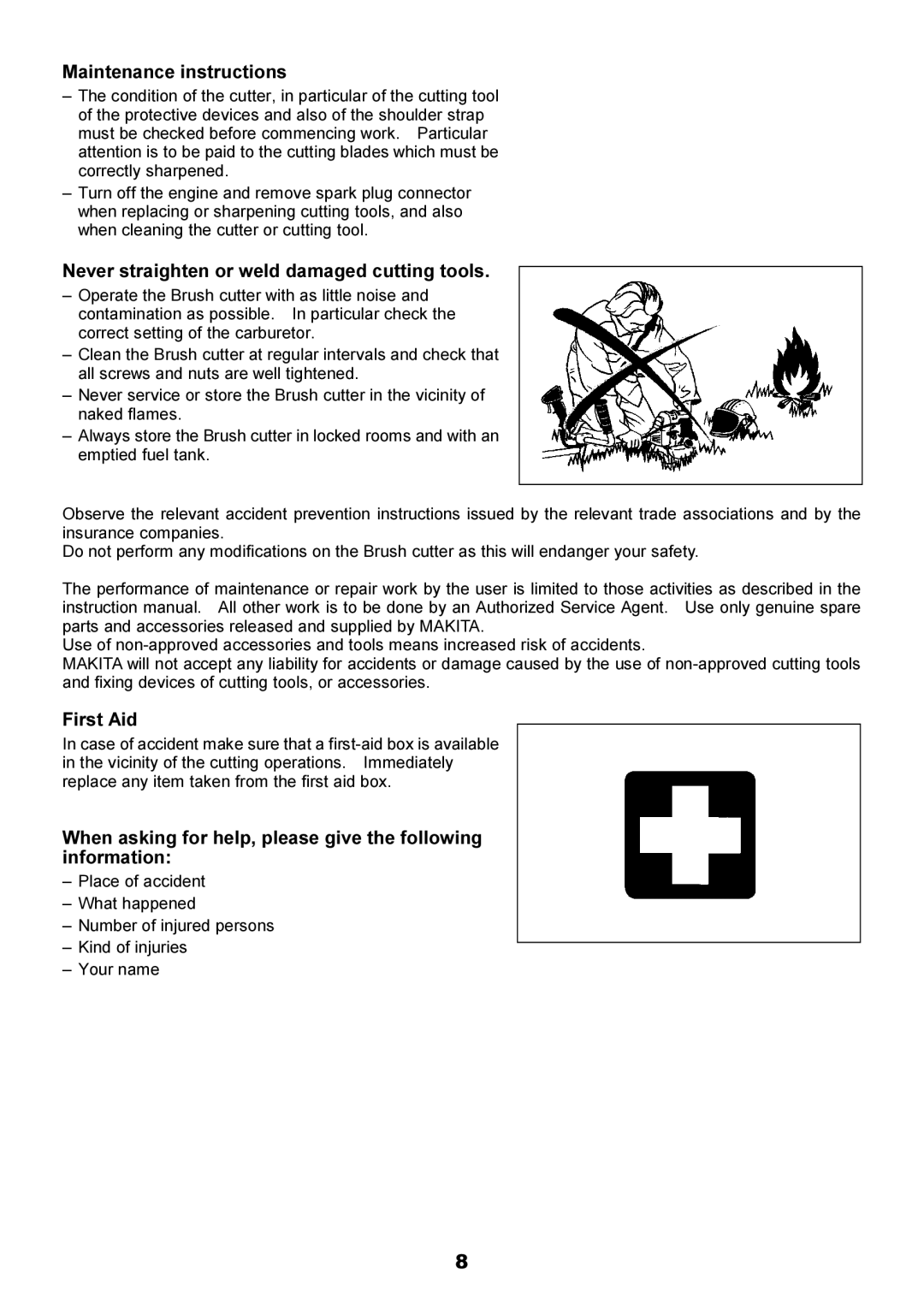 Makita EBH340U instruction manual Maintenance instructions, Never straighten or weld damaged cutting tools, First Aid 