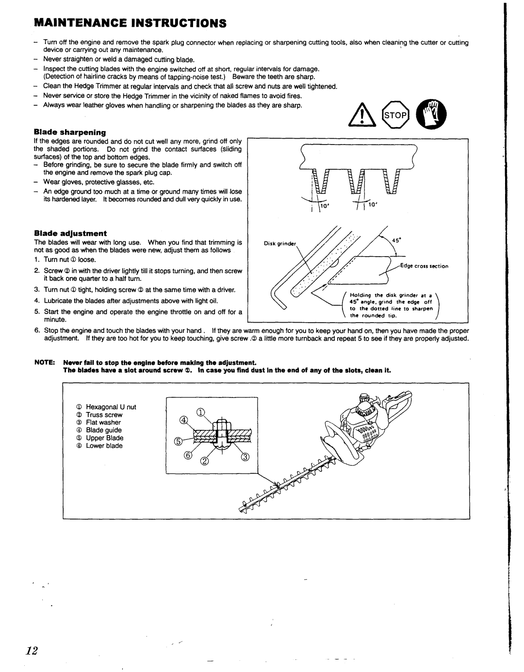 Makita EH 450, EH 620 manual Maintenance Instructions, Blade sharpening, Blade adjustment, For a, Minute 