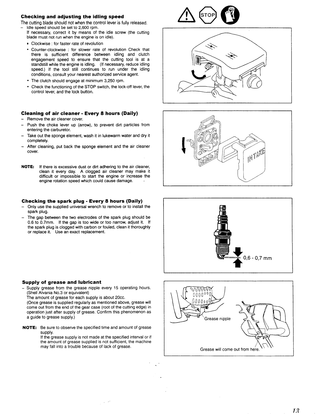 Makita EH 620, EH 450 manual Checking and adjusting the idling speed, Checking the spark plug Every 8 hours Daily 