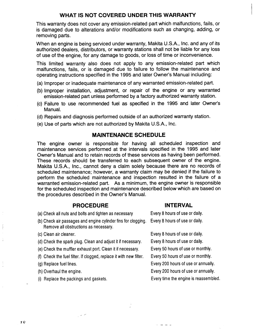 Makita EH 450, EH 620 manual What is not Covered Under this Warranty, Maintenance Schedule Procedure Interval 