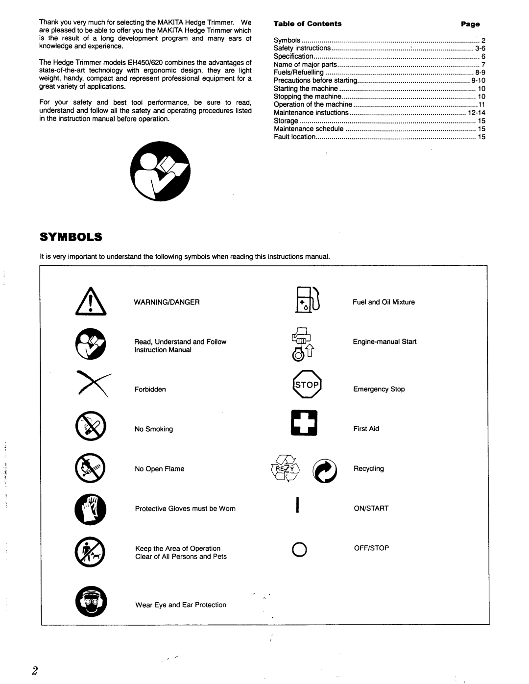 Makita EH 450, EH 620 manual Symbols, 12-14 
