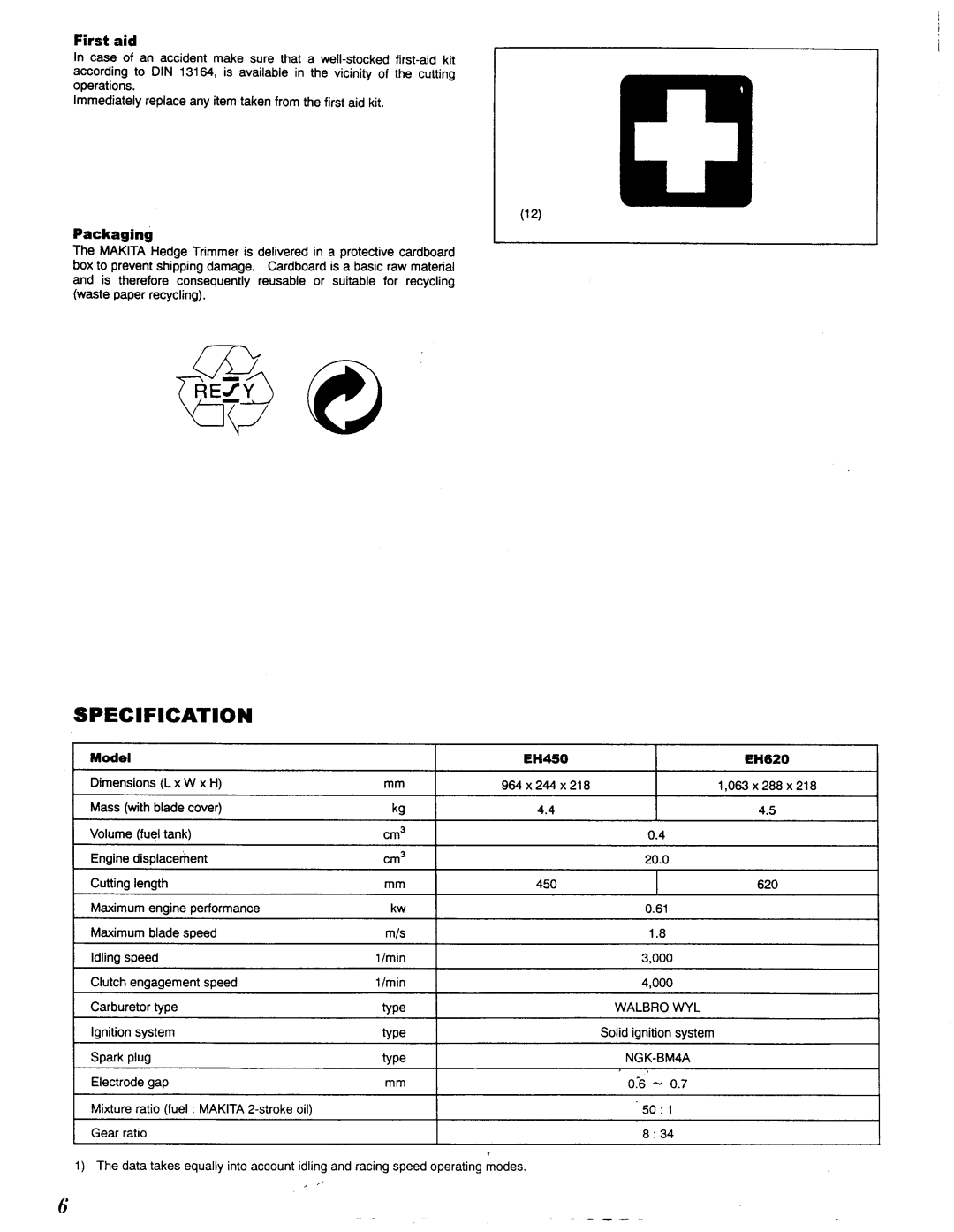 Makita EH 450, EH 620 manual Specification, First aid 