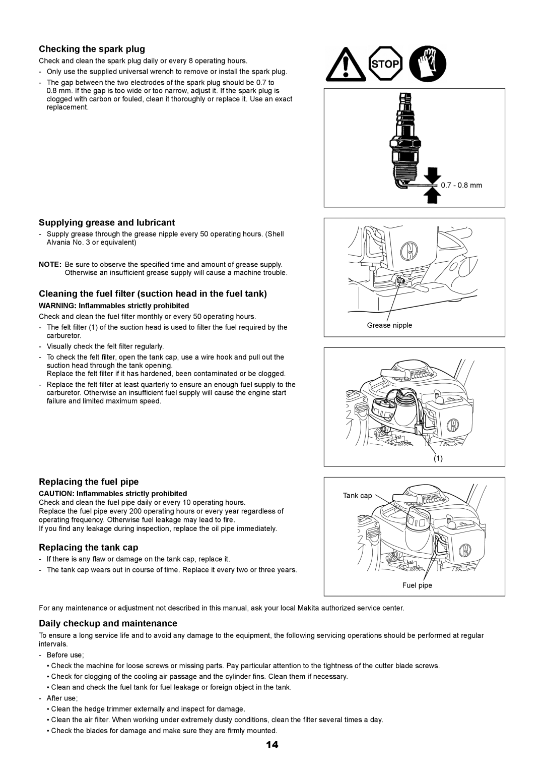 Makita EH6000W Checking the spark plug, Supplying grease and lubricant, Replacing the fuel pipe, Replacing the tank cap 