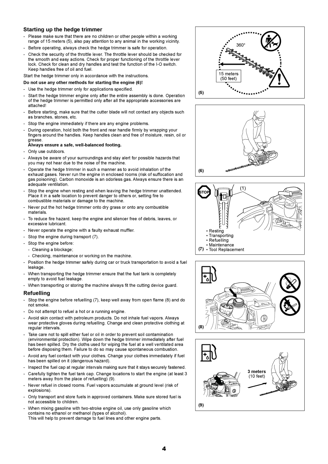 Makita EH5000W Starting up the hedge trimmer, Refuelling, Do not use any other methods for starting the engine, Meters 