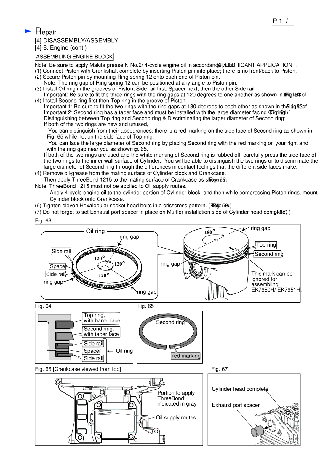 Makita EK7650H, EK7651H dimensions Oil ring, Assembling Engine Block 