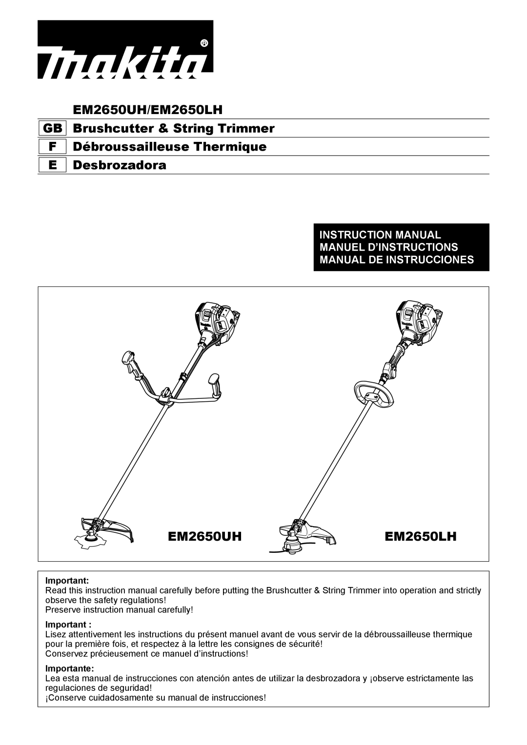 Makita manual EM2650UH EM2650LH, Importante 