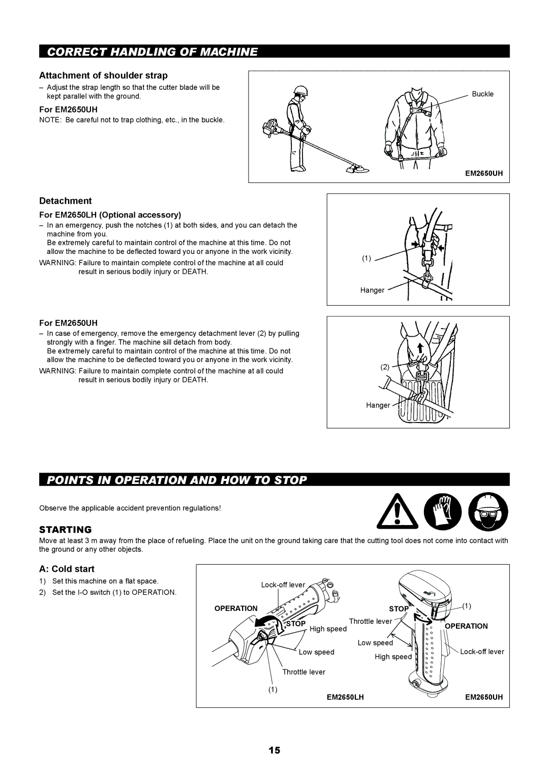 Makita EM2650UH, EM2650LH manual Correct Handling of Machine, Points in Operation and HOW to Stop, Starting 