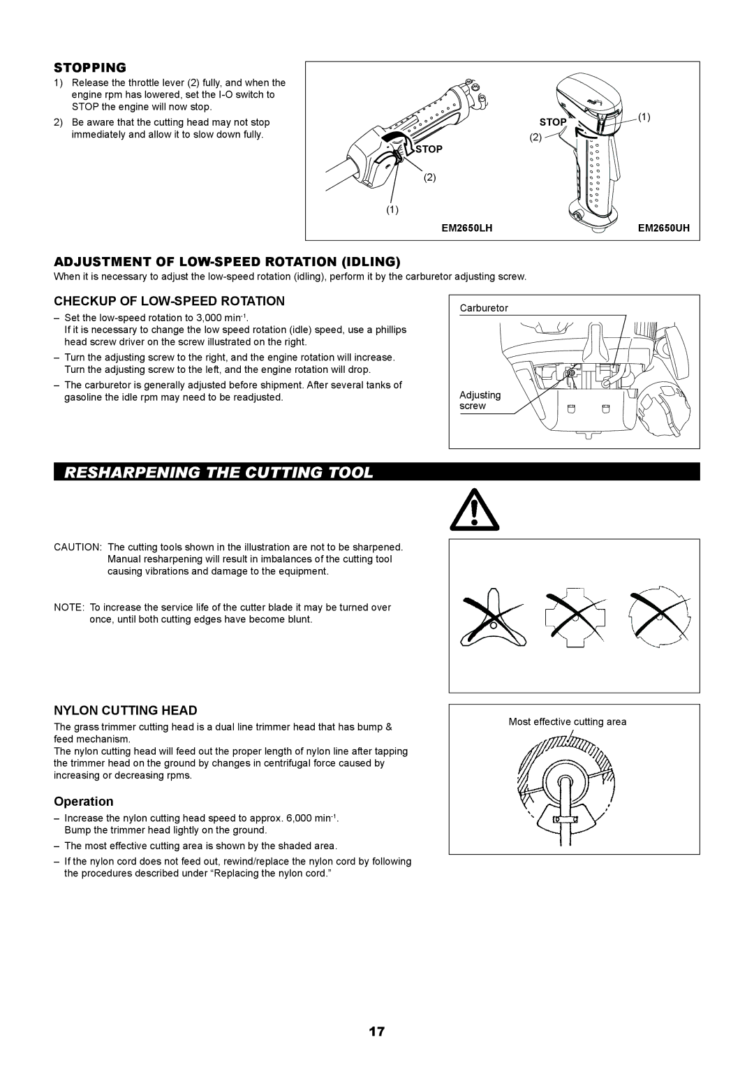 Makita EM2650UH manual Resharpening the Cutting Tool, Stopping, Adjustment of LOW-SPEED Rotation Idling, Nylon Cutting Head 